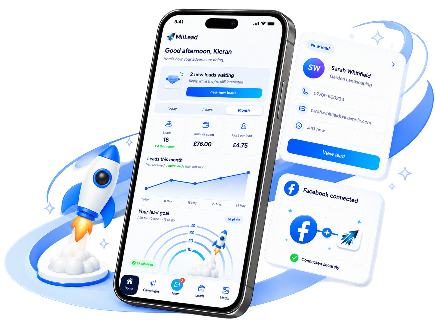 The MiiLead app showing new leads and a connected Facebook page